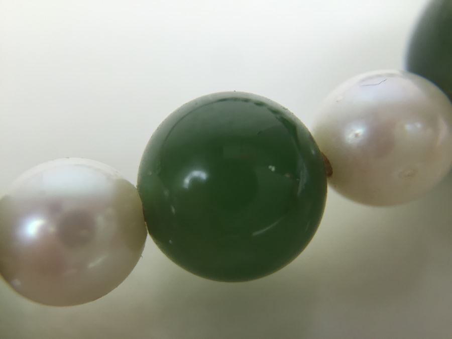 Stunning 18K Gold Jade And Pearl Necklace 65.6g [Photo 11]