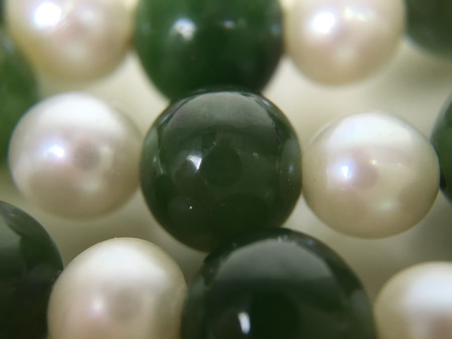 Stunning 18K Gold Jade And Pearl Necklace 65.6g [Photo 14]