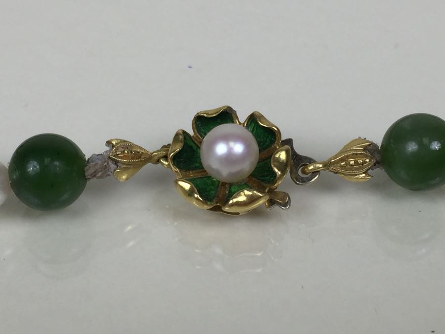 Stunning 18K Gold Jade And Pearl Necklace 65.6g [Photo 6]