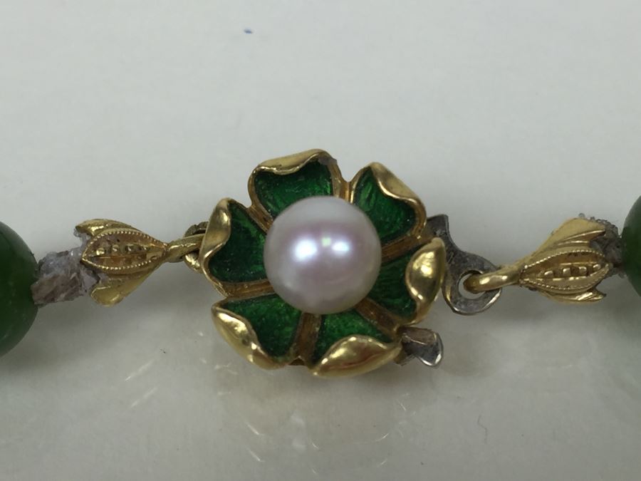 Stunning 18K Gold Jade And Pearl Necklace 65.6g [Photo 7]