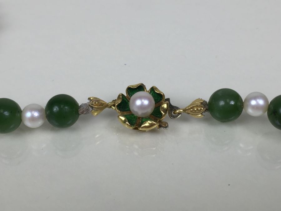 Stunning 18K Gold Jade And Pearl Necklace 65.6g [Photo 5]