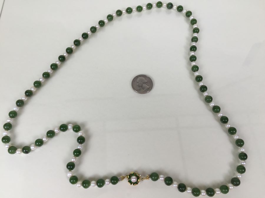 Stunning 18K Gold Jade And Pearl Necklace 65.6g [Photo 8]