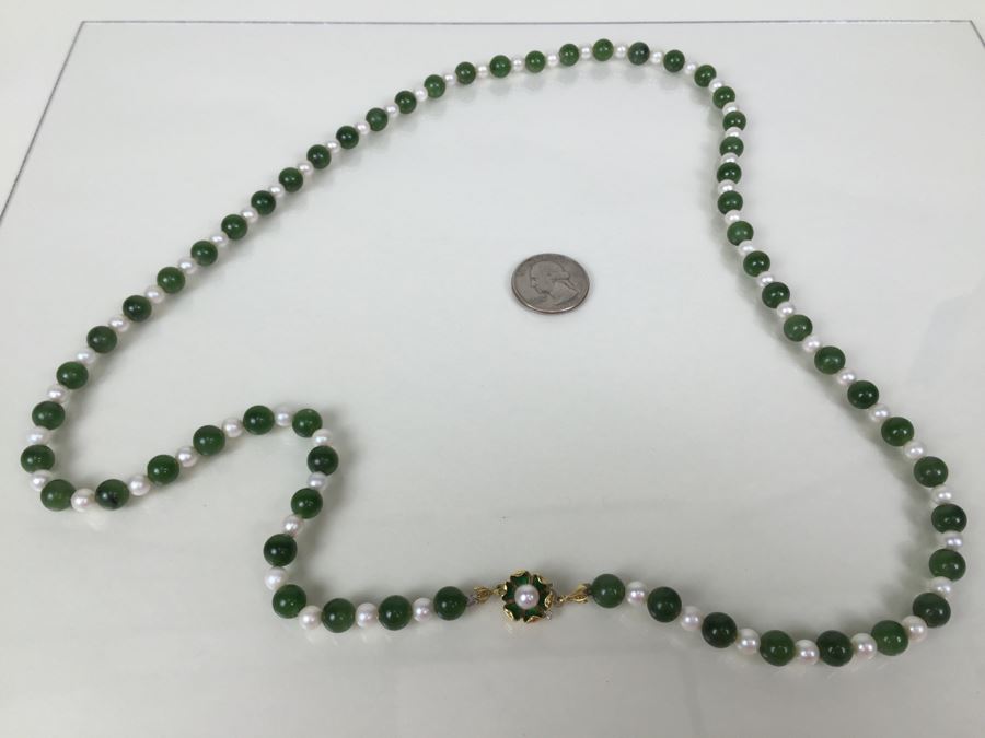 Stunning 18K Gold Jade And Pearl Necklace 65.6g [Photo 4]
