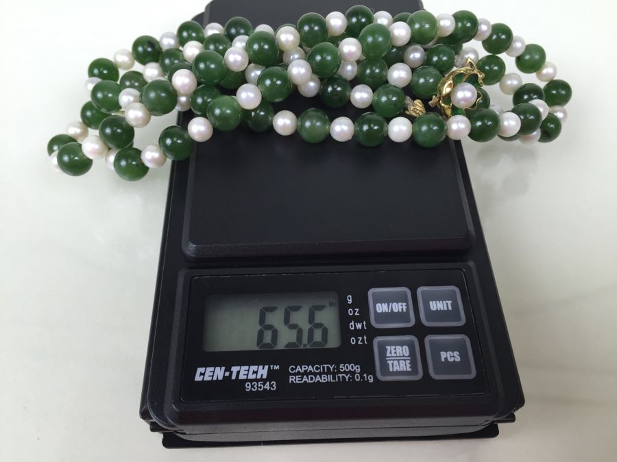 Stunning 18K Gold Jade And Pearl Necklace 65.6g [Photo 17]