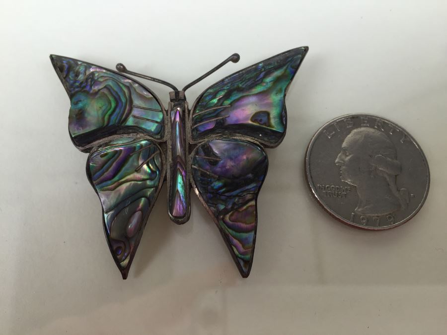 Sterling Silver Butterfly Brooch With Mother Of Pearl Inlay Signed 8.1g