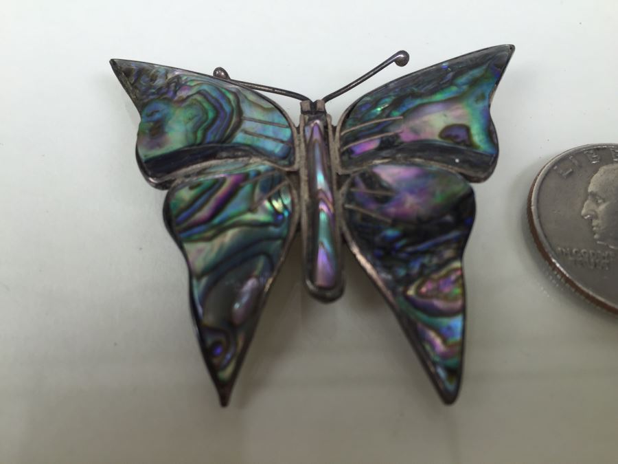 Sterling Silver Butterfly Brooch With Mother Of Pearl Inlay Signed 8.1g [Photo 4]