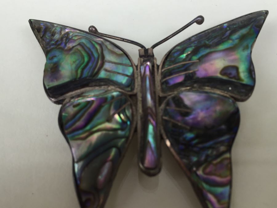 Sterling Silver Butterfly Brooch With Mother Of Pearl Inlay Signed 8.1g [Photo 6]