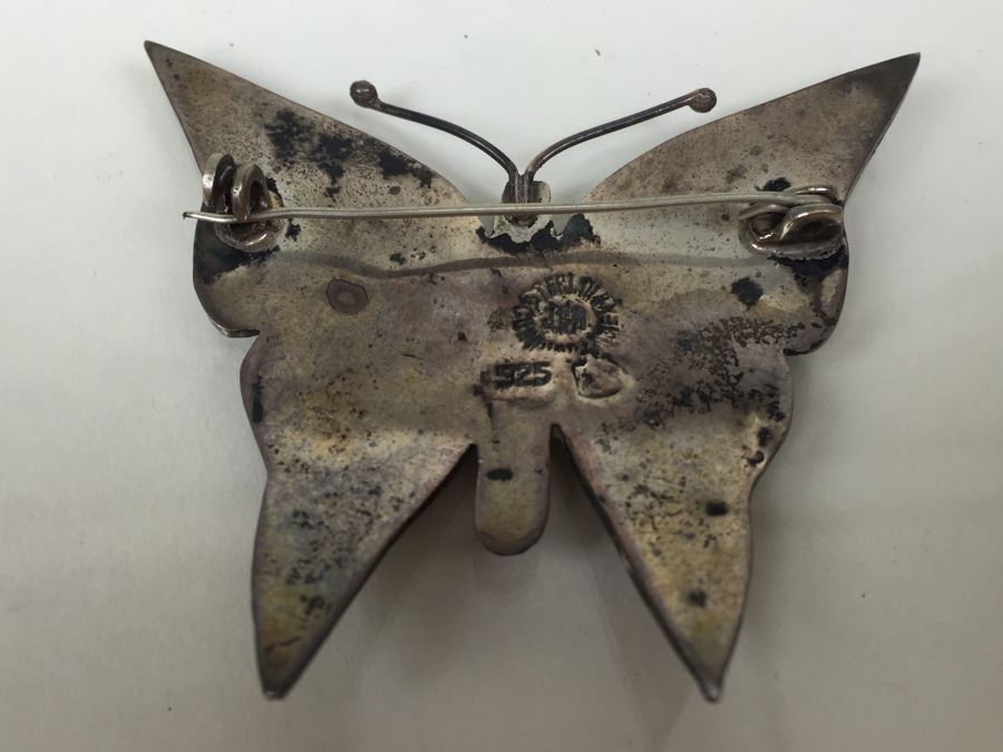 Sterling Silver Butterfly Brooch With Mother Of Pearl Inlay Signed 8.1g [Photo 8]