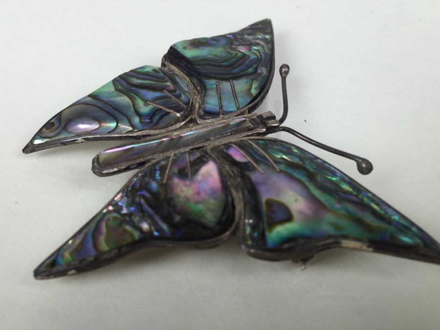 Sterling Silver Butterfly Brooch With Mother Of Pearl Inlay Signed 8.1g [Photo 2]