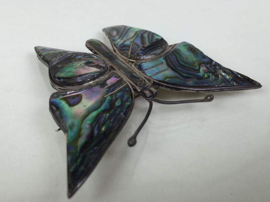 Sterling Silver Butterfly Brooch With Mother Of Pearl Inlay Signed 8.1g [Photo 7]
