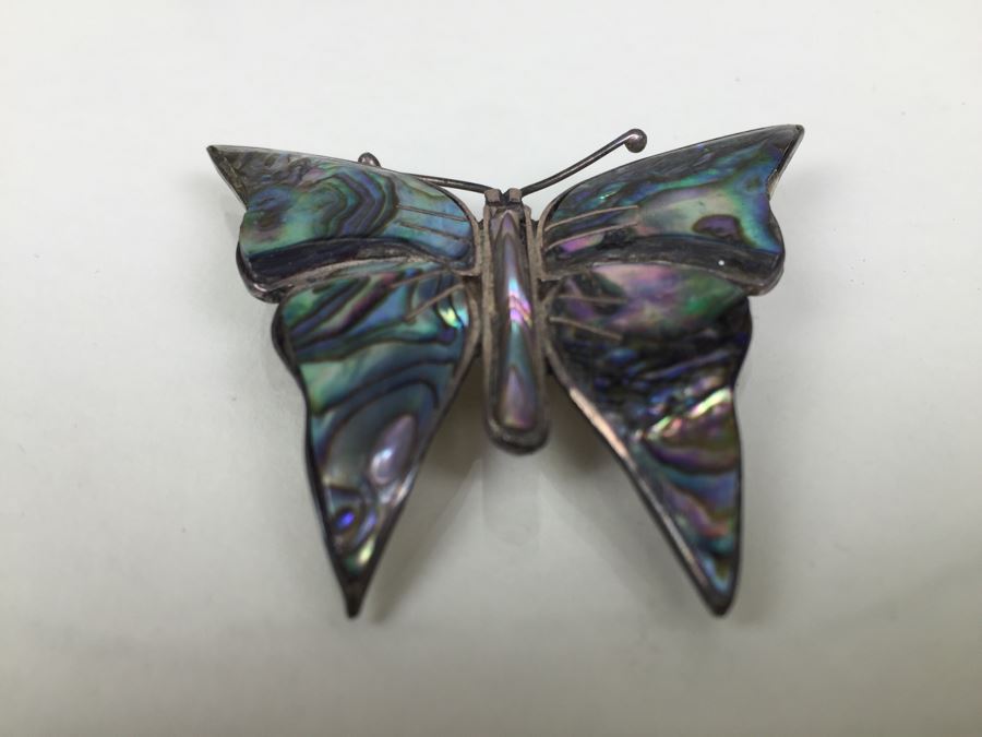 Sterling Silver Butterfly Brooch With Mother Of Pearl Inlay Signed 8.1g [Photo 5]