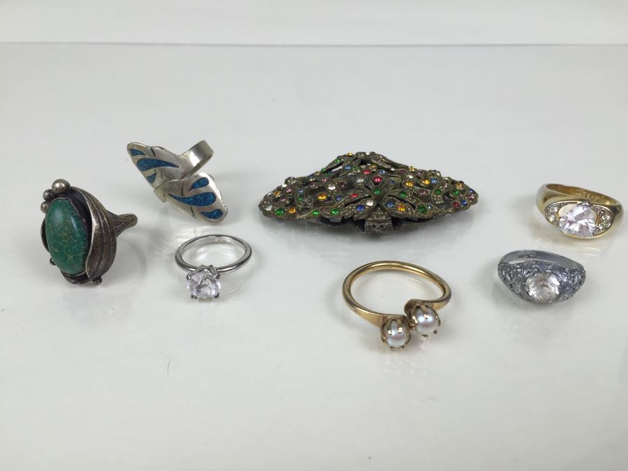 Jewelry Lot With Old Turquoise Ring (Mostly Costume Rings) [Photo 1]