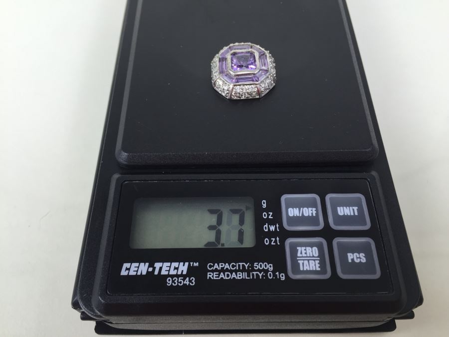 Sterling Silver Enhancer With Amethysts - Note That Back Of Enchancer Needs Repair 3.7g [Photo 16]
