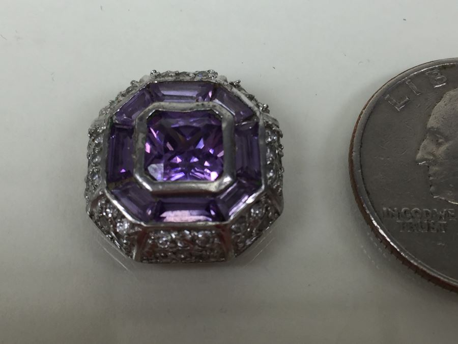 Sterling Silver Enhancer With Amethysts - Note That Back Of Enchancer Needs Repair 3.7g