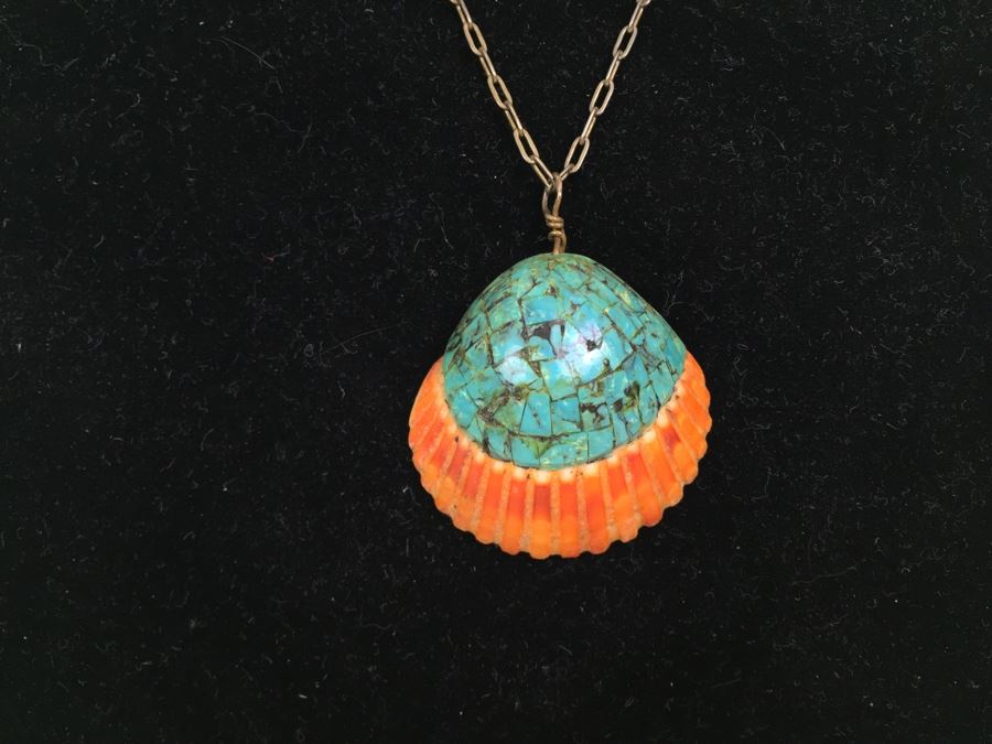 JUST ADDED - Turqoise Shell Necklace With Sterling Silver Chain 15.8g [Photo 2]