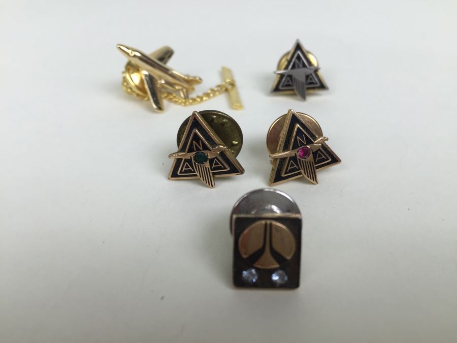 JUST ADDED - Various Company Recognition Pins - Rockwell Pin In Front Is 10K Gold And NAA (North American Aviation) Lapel Pins Are Gold Filled [Photo 4]