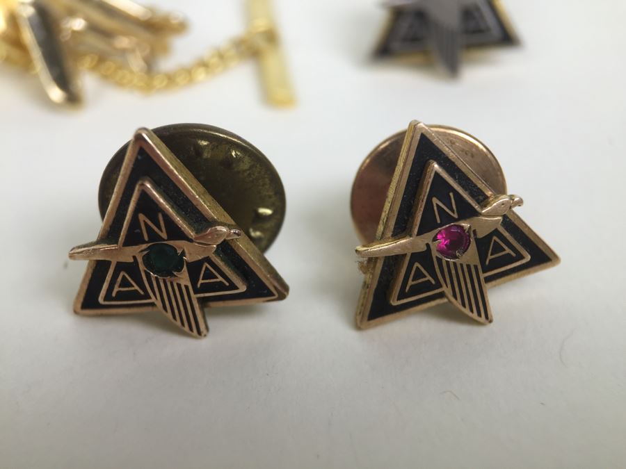 JUST ADDED - Various Company Recognition Pins - Rockwell Pin In Front Is 10K Gold And NAA (North American Aviation) Lapel Pins Are Gold Filled [Photo 3]