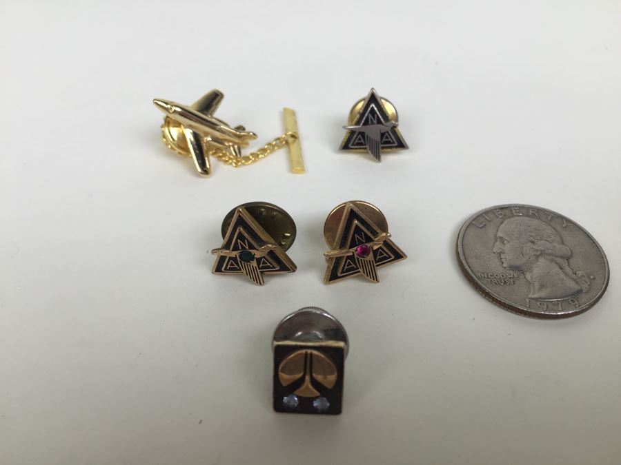 JUST ADDED - Various Company Recognition Pins - Rockwell Pin In Front Is 10K Gold And NAA (North American Aviation) Lapel Pins Are Gold Filled [Photo 1]