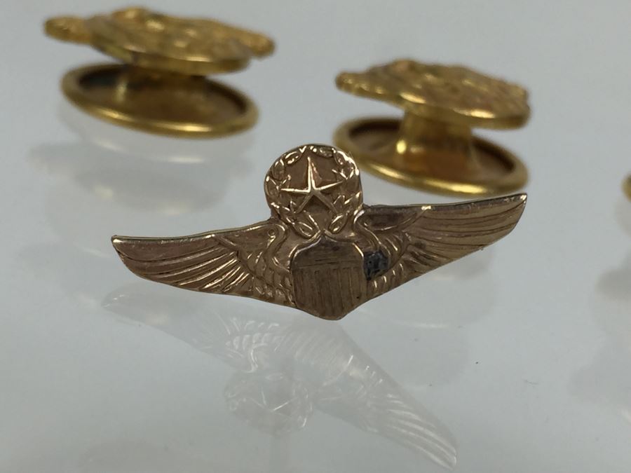 JUST ADDED - Various Military Pins Including Ruptured Duck WWII Honorable Discharge Military Service Cuff Lapel Buttons And Vintage Sterling Silver Army Sharpshooter Pin [Photo 4]