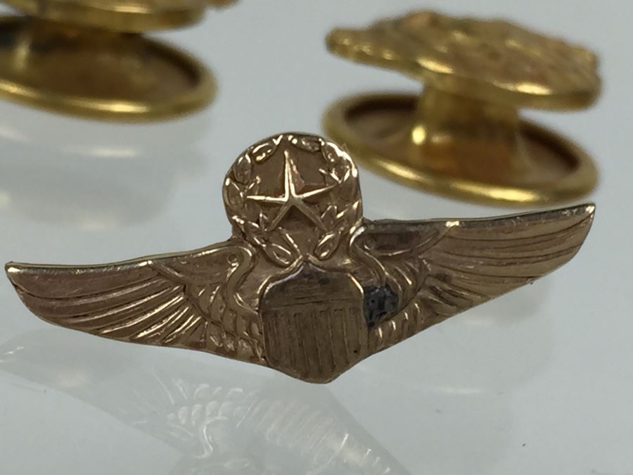 JUST ADDED - Various Military Pins Including Ruptured Duck WWII Honorable Discharge Military Service Cuff Lapel Buttons And Vintage Sterling Silver Army Sharpshooter Pin [Photo 2]