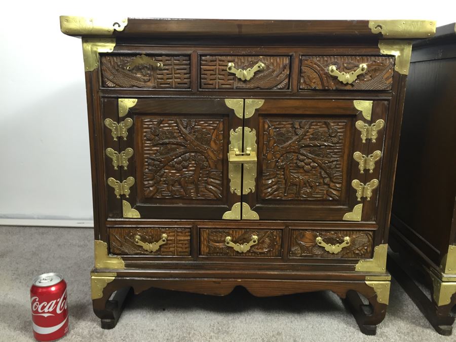 Pair Of Vintage Korean Nightstands With Brass Locks And Keys [Photo 2]