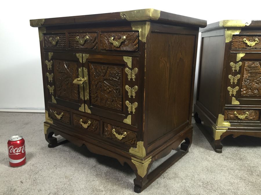 Pair Of Vintage Korean Nightstands With Brass Locks And Keys