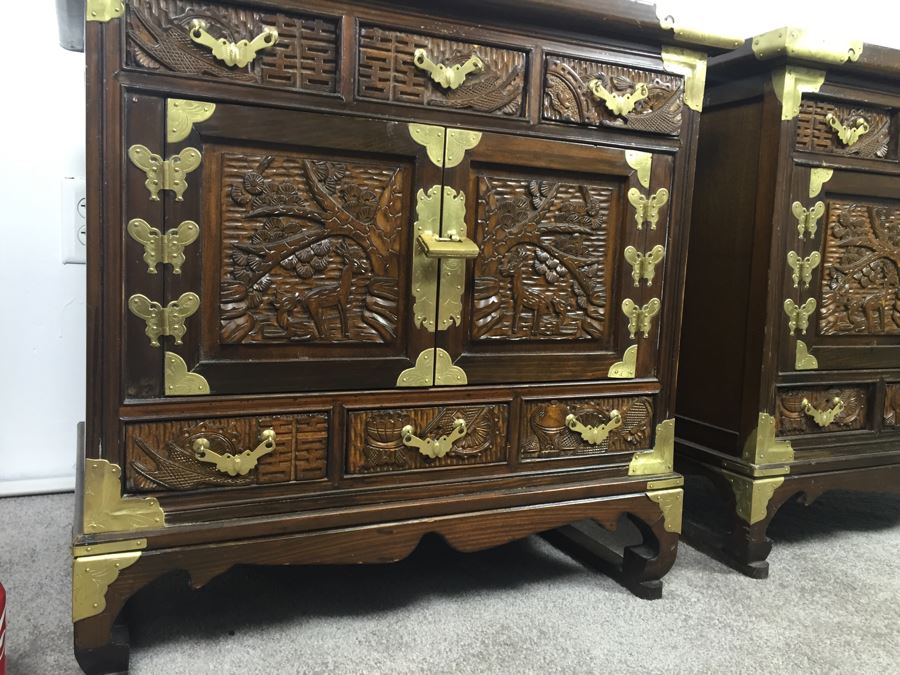 Pair Of Vintage Korean Nightstands With Brass Locks And Keys