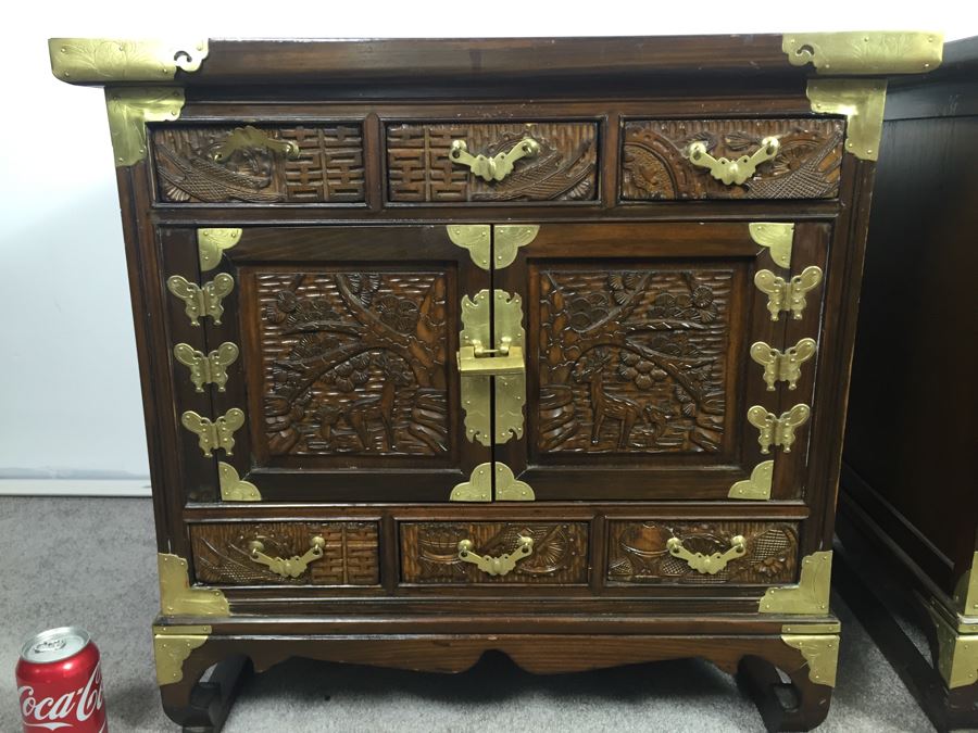 Pair Of Vintage Korean Nightstands With Brass Locks And Keys [Photo 5]