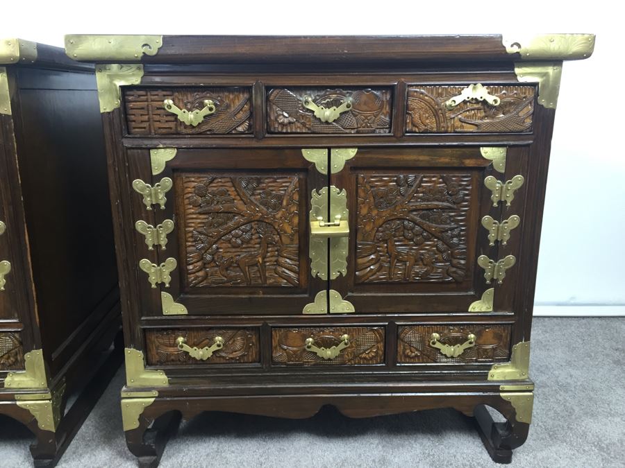 Pair Of Vintage Korean Nightstands With Brass Locks And Keys
