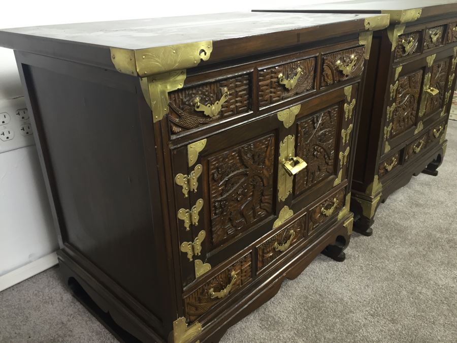 Pair Of Vintage Korean Nightstands With Brass Locks And Keys [Photo 21]