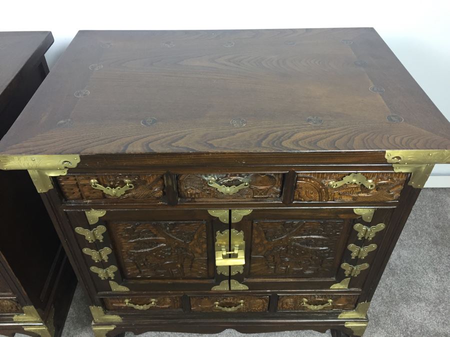 Pair Of Vintage Korean Nightstands With Brass Locks And Keys