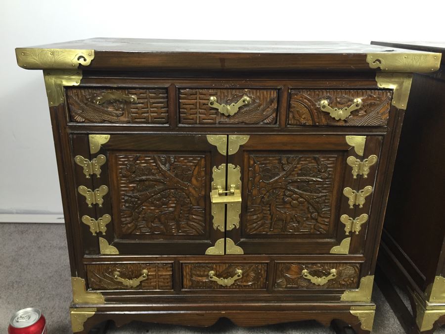 Pair Of Vintage Korean Nightstands With Brass Locks And Keys