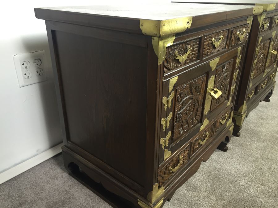 Pair Of Vintage Korean Nightstands With Brass Locks And Keys