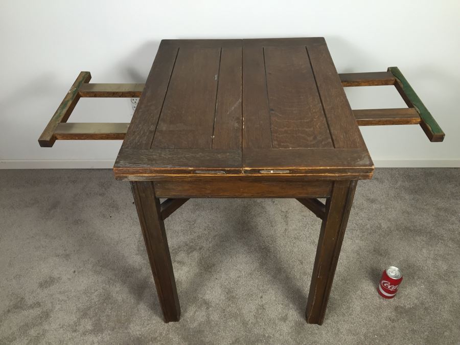 Vintage Oak Duplex Patent Table With Built In Fold Out Leaves [Photo 4]