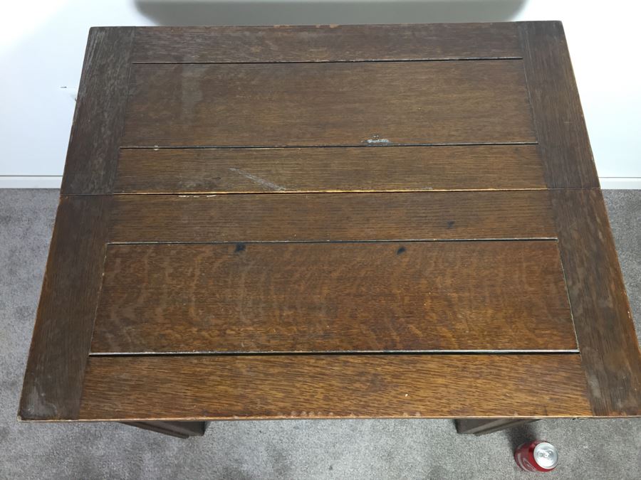 Vintage Oak Duplex Patent Table With Built In Fold Out Leaves [Photo 9]