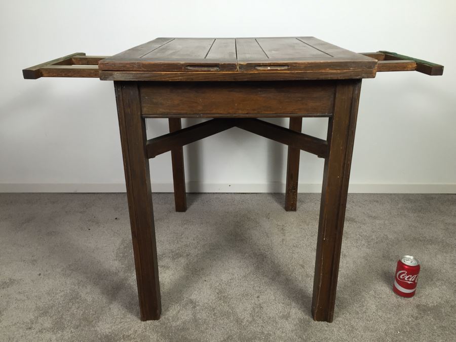 Vintage Oak Duplex Patent Table With Built In Fold Out Leaves [Photo 15]