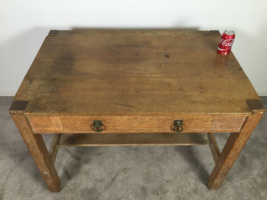 Stunning Vintage Mission Style Oak Table Desk With Drawer And Brass Pulls - Well Made [Photo 6]