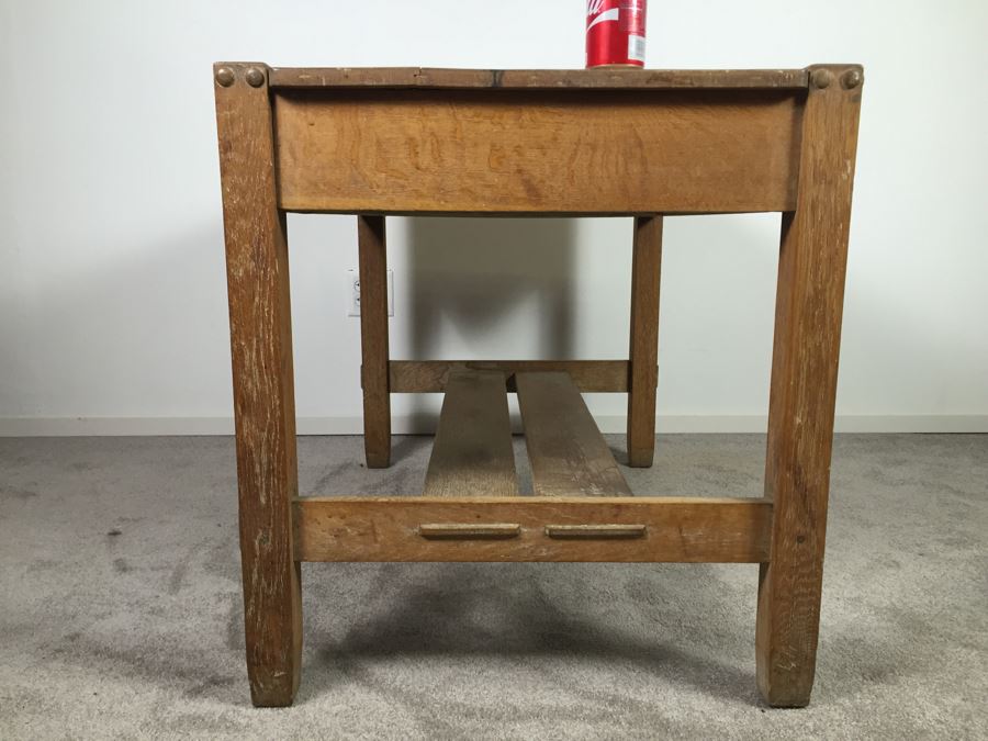 Stunning Vintage Mission Style Oak Table Desk With Drawer And Brass Pulls - Well Made [Photo 24]