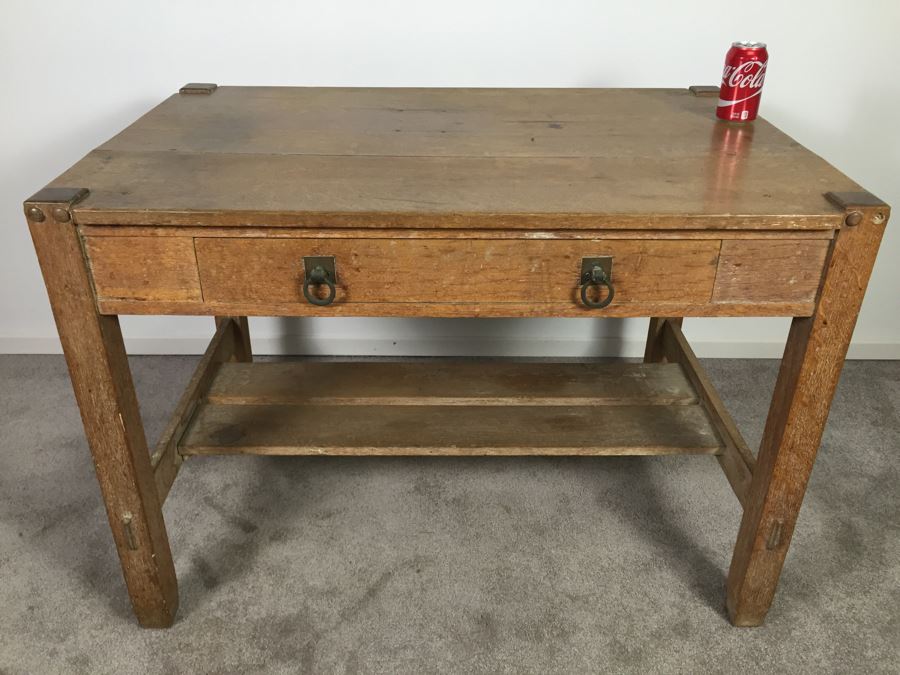 Stunning Vintage Mission Style Oak Table Desk With Drawer And Brass ...