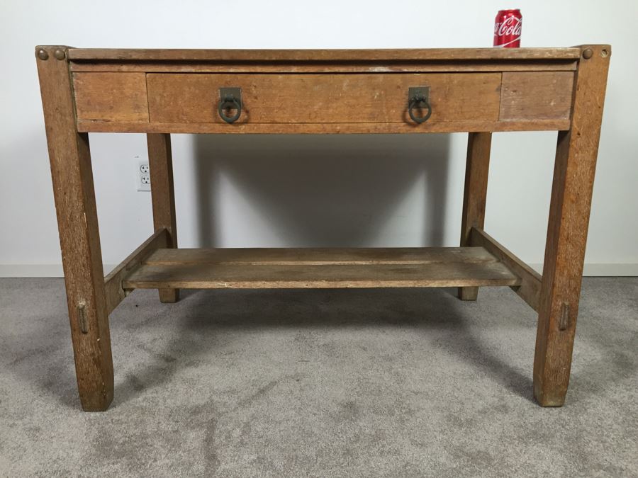 Stunning Vintage Mission Style Oak Table Desk With Drawer And Brass Pulls - Well Made