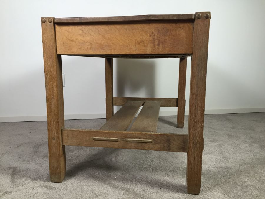 Stunning Vintage Mission Style Oak Table Desk With Drawer And Brass Pulls - Well Made [Photo 16]