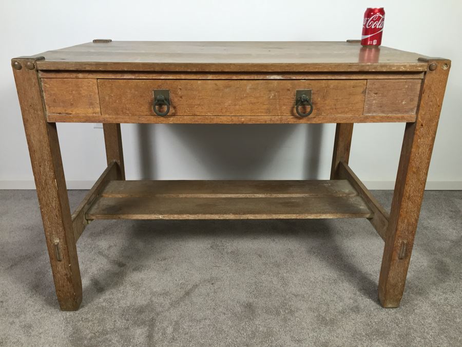 Stunning Vintage Mission Style Oak Table Desk With Drawer And Brass Pulls - Well Made [Photo 4]