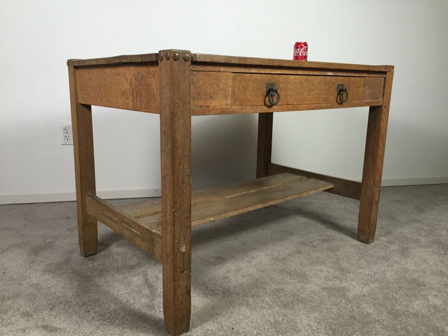 Stunning Vintage Mission Style Oak Table Desk With Drawer And Brass Pulls - Well Made [Photo 15]