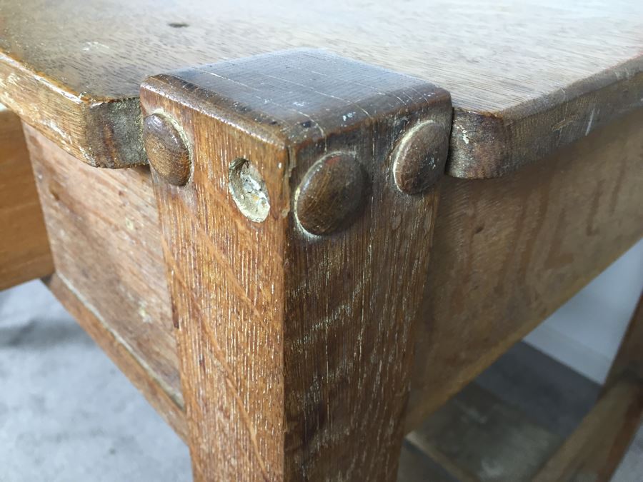 Stunning Vintage Mission Style Oak Table Desk With Drawer And Brass Pulls - Well Made [Photo 10]