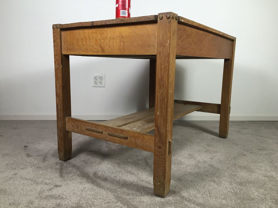 Stunning Vintage Mission Style Oak Table Desk With Drawer And Brass Pulls - Well Made [Photo 23]