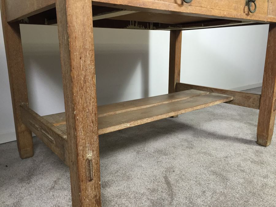 Stunning Vintage Mission Style Oak Table Desk With Drawer And Brass Pulls - Well Made [Photo 14]