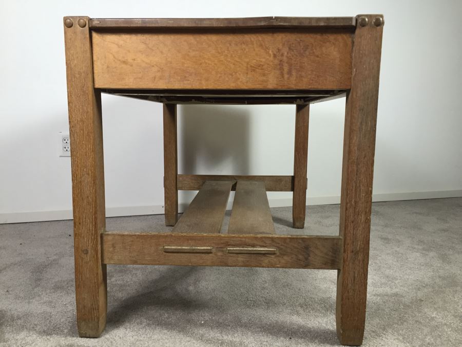 Stunning Vintage Mission Style Oak Table Desk With Drawer And Brass Pulls - Well Made [Photo 3]