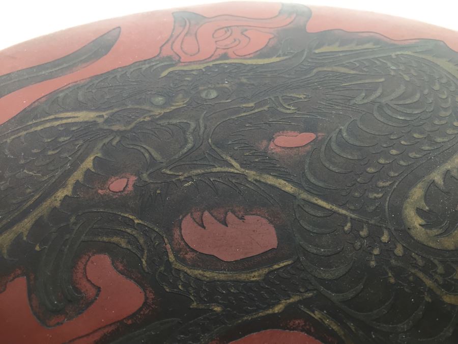 Asian Hand Hammered Brass Gong With Bas Relief Dragon Serpent [Photo 11]