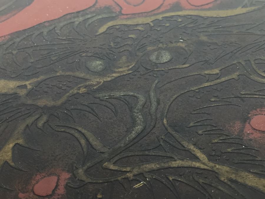 Asian Hand Hammered Brass Gong With Bas Relief Dragon Serpent [Photo 2]