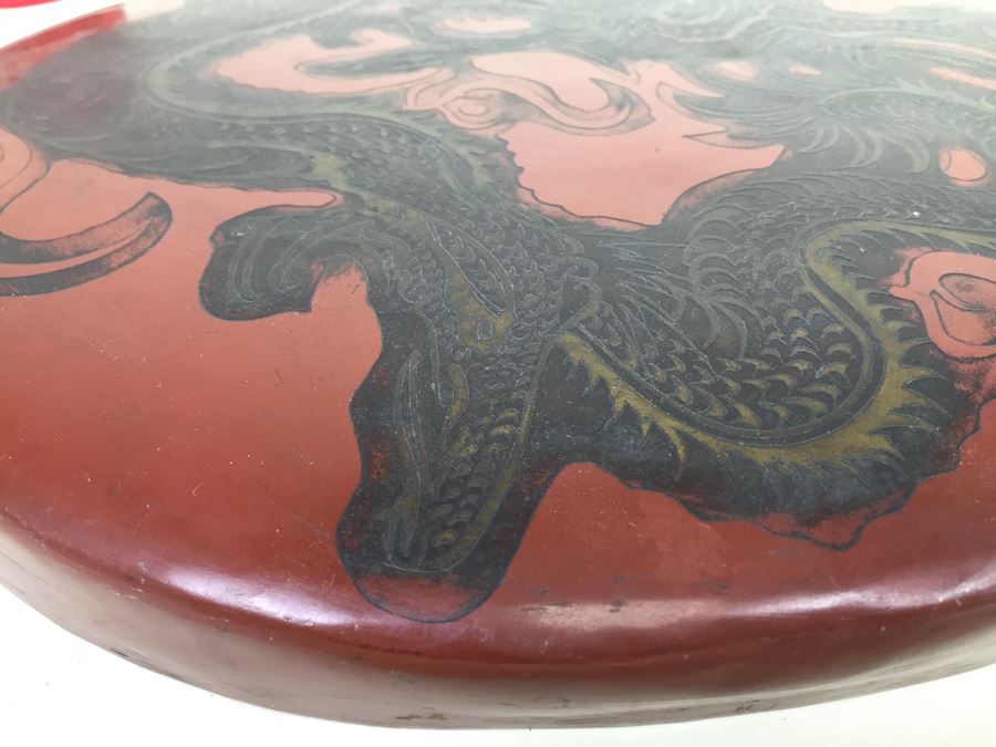 Asian Hand Hammered Brass Gong With Bas Relief Dragon Serpent [Photo 8]